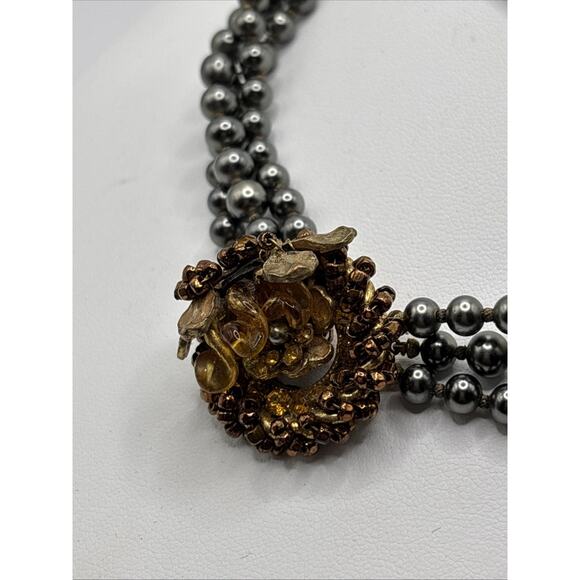 Vintage Eugene Triple Strand Faux Bk Pearl Necklace w/ Rhinestone Flower Pendant - Picture 3 of 10
